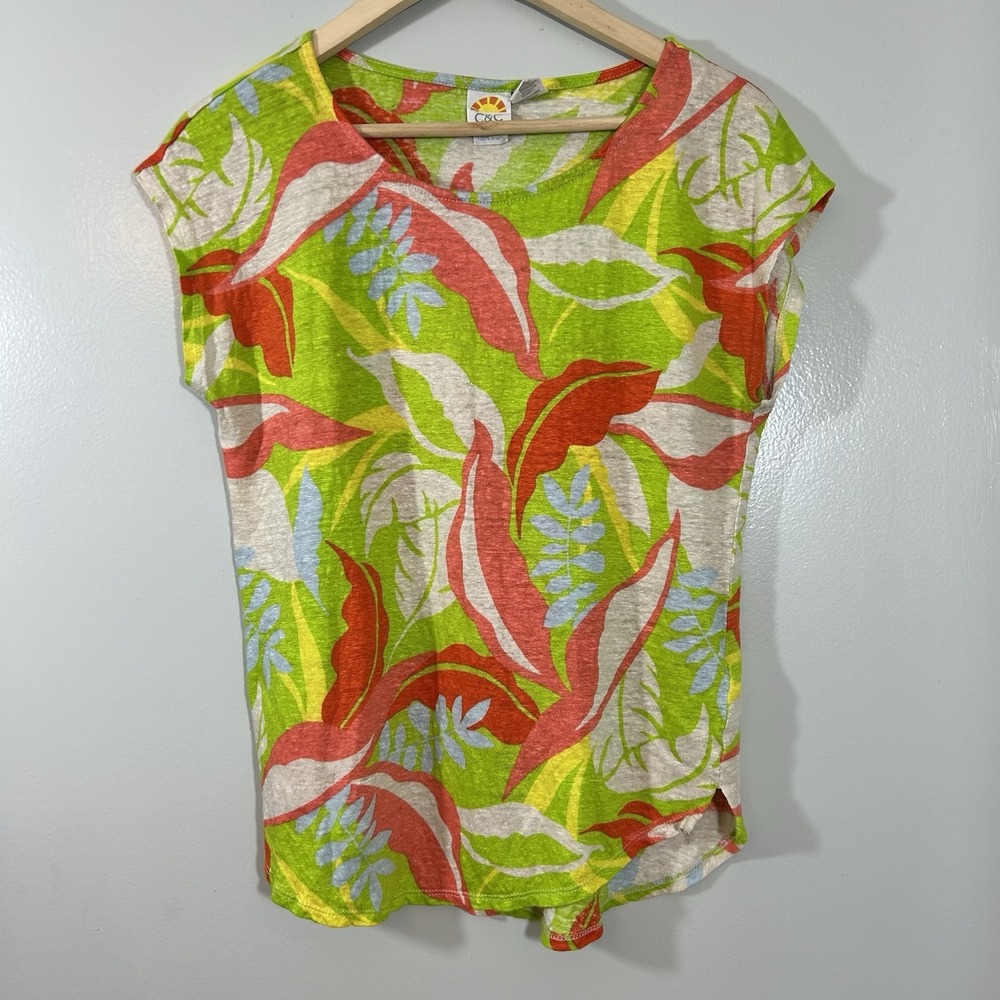 C & C California Linen Top Bright  Tropical Curved Hem Women's Size Large